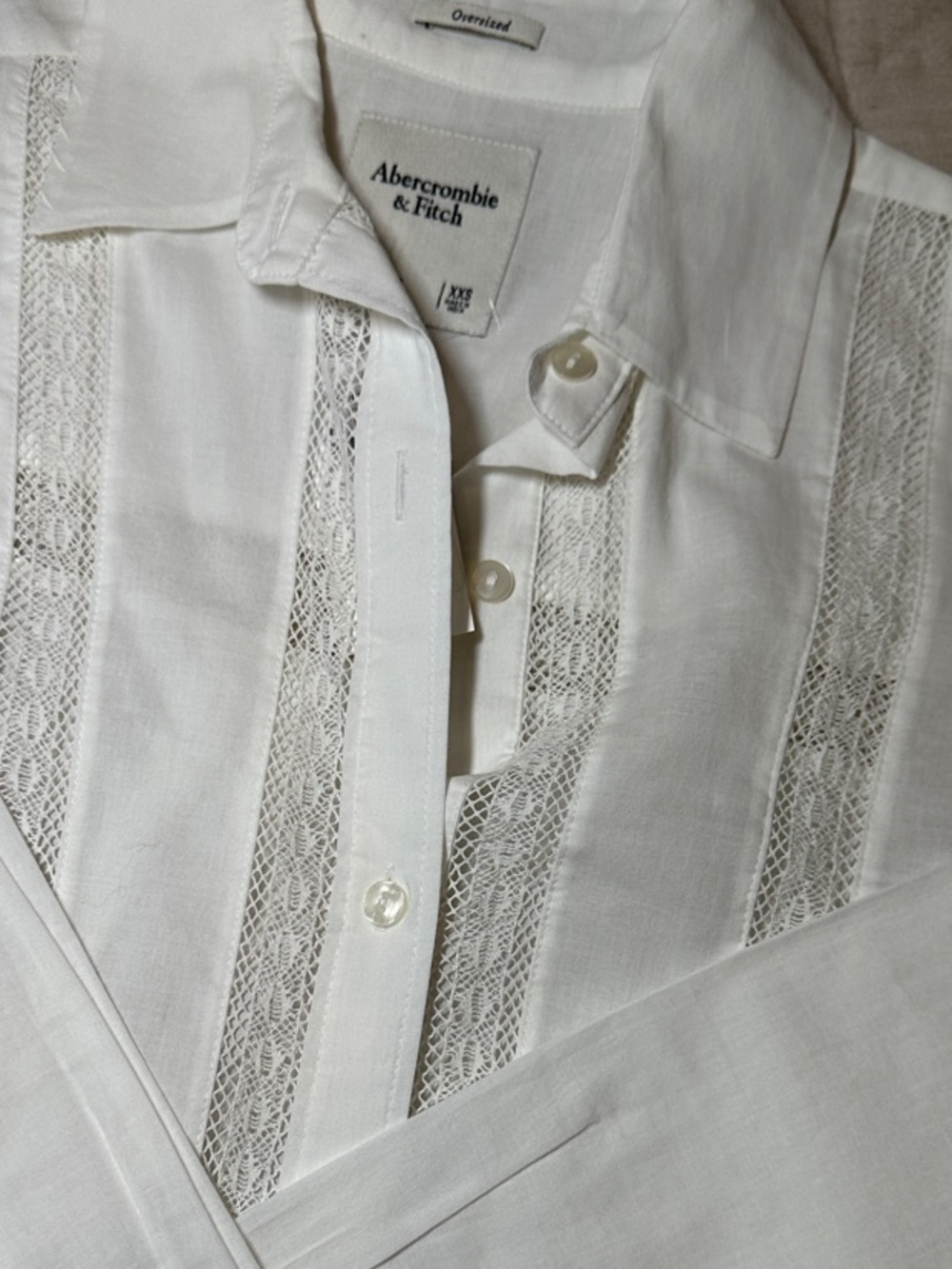 Abercrombie & Fitch White Linen-Style Button Down Shirt with Lace Stripes